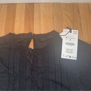 *NWT* ZARA Black Crochet Lace Detail Long Bubble Sleeve Blouse